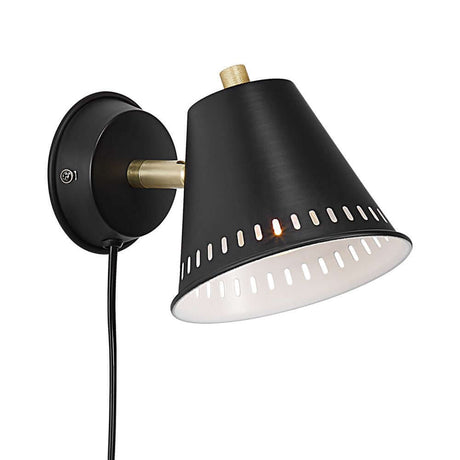 Pine wall light in a modern design with a black metal shade and gold accents.
