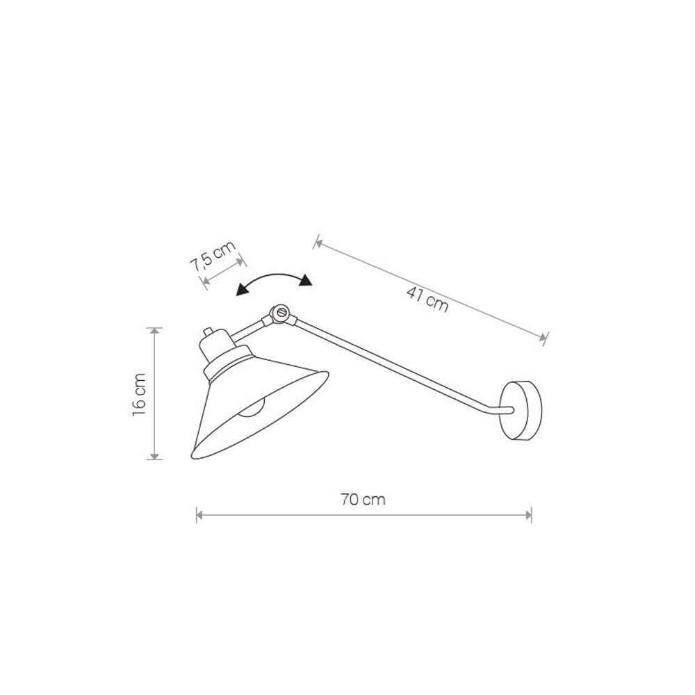 Technische Zeichnung der Vintage Lese-Wandleuchte Techno in Schwarz mit Abmessungen.