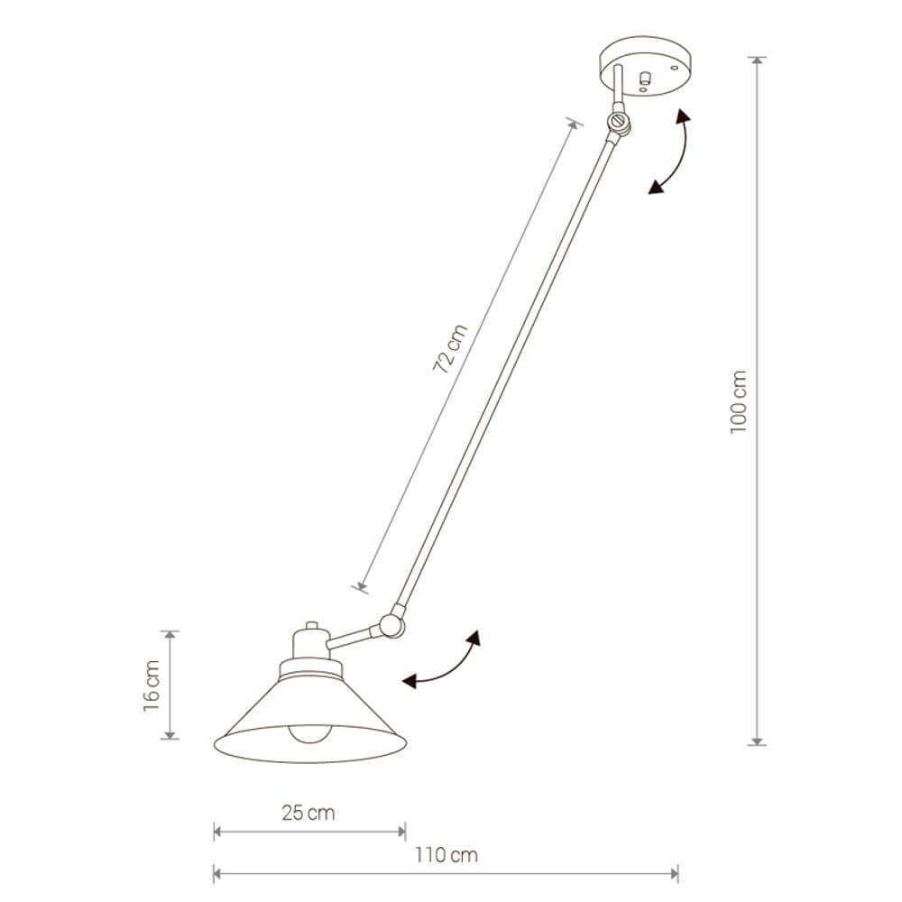 Maßzeichnung der Retro Deckenleuchte Techno, mit verstellbarem Arm und klassischen Design-Elementen.