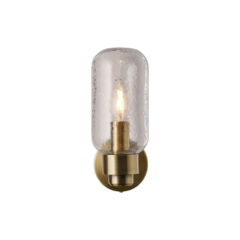 Wandleuchte Tutan IP44 mit klarem Glas und goldenem Sockel für stilvolle Wandbeleuchtung.