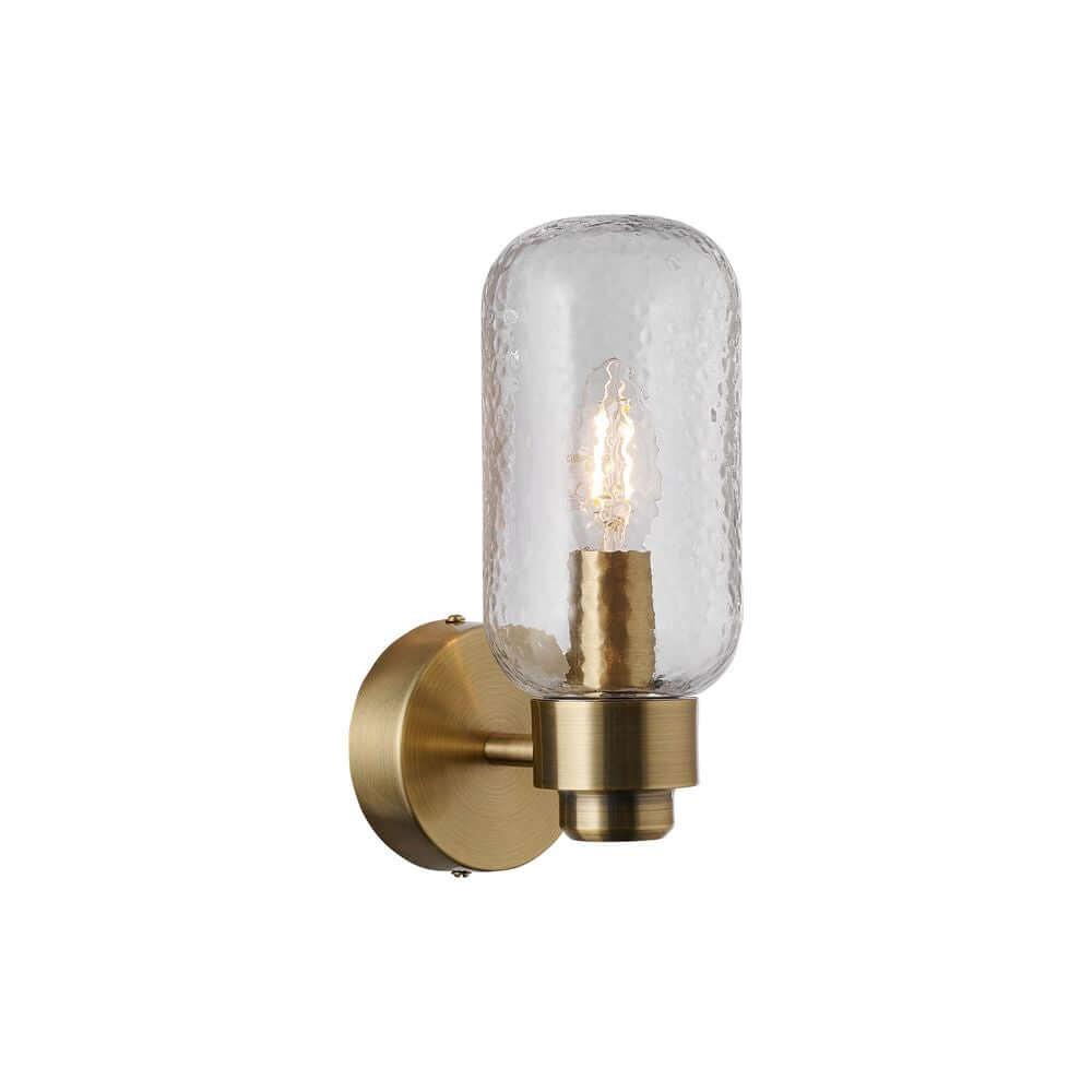 Wandleuchte Tutan IP44 mit gläsernem Lampenschirm und goldfarbener Halterung.