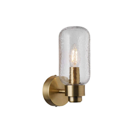 Applique murale Tutan IP44 avec abat-jour en verre et support de couleur dorée.