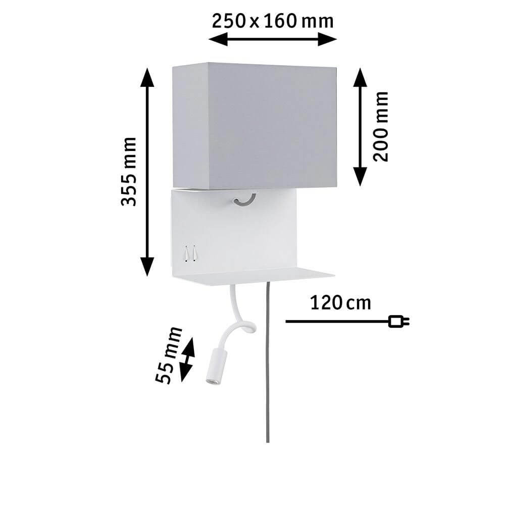 Merani Wandleuchte mit Ablage & LED Lesearm Grau, Weiß – Wandlampe mit Ablage, Maße 250x160x200mm, Lesearm, 120cm Kabel, USB-Ausgang