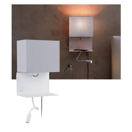 Merani Wandleuchte mit Ablage & LED Lesearm Grau, Weiß - Wandlampe mit Ablage, USB-Ausgang und flexiblem LED-Lesearm
