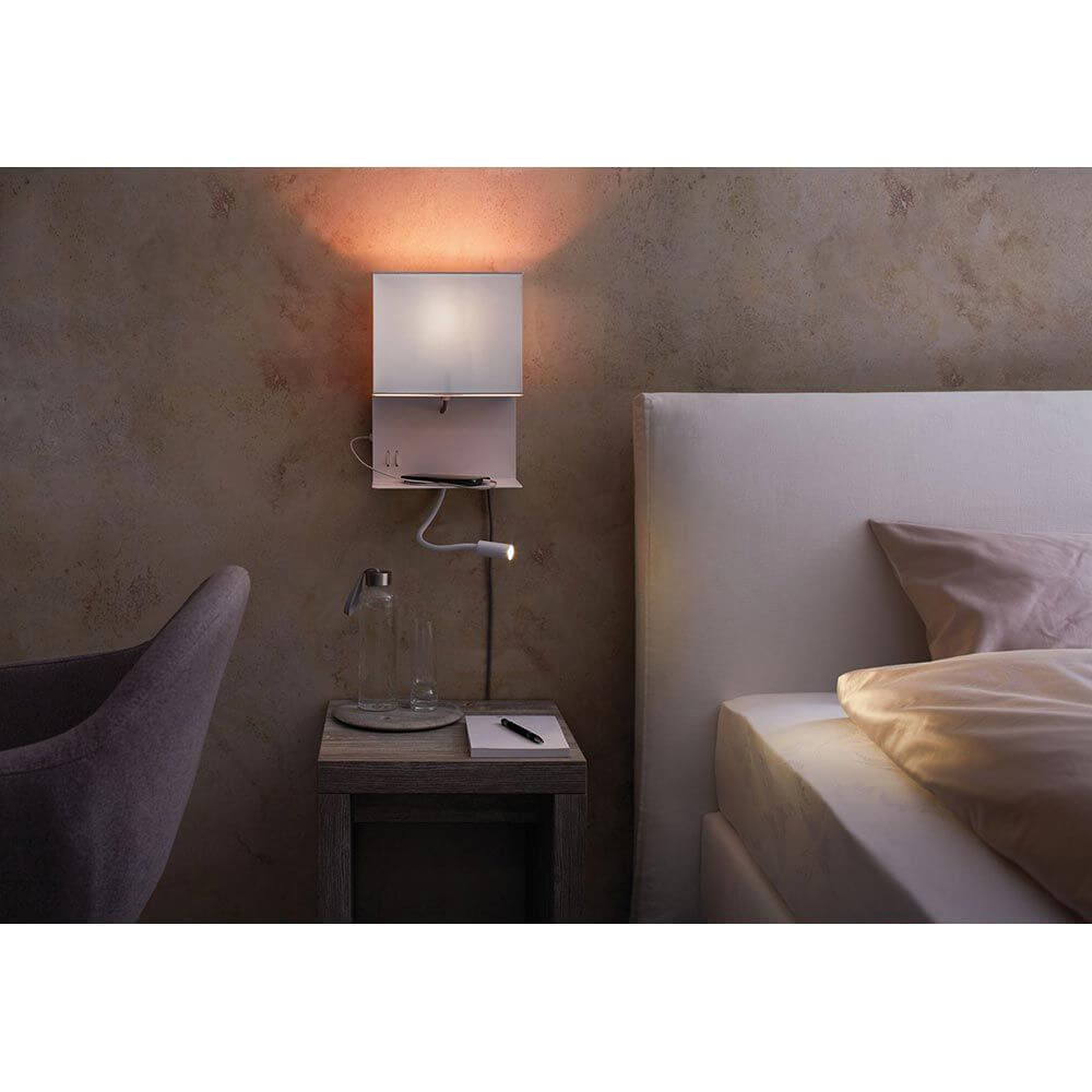 Merani Wandleuchte mit Ablage & LED Lesearm Grau, Weiß an Bett - Wandlampe mit Ablage, USB-Ausgang und flexiblen Lesearm