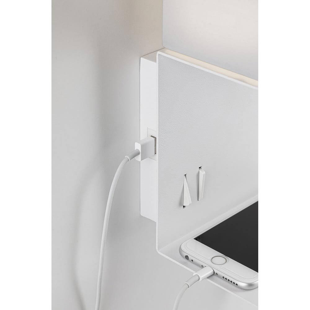 Merani Wandleuchte mit Ablage & LED Lesearm Grau, Weiß – weiße Wandlampe mit Ablage, USB-Anschluss und Smartphone aufgesetzt