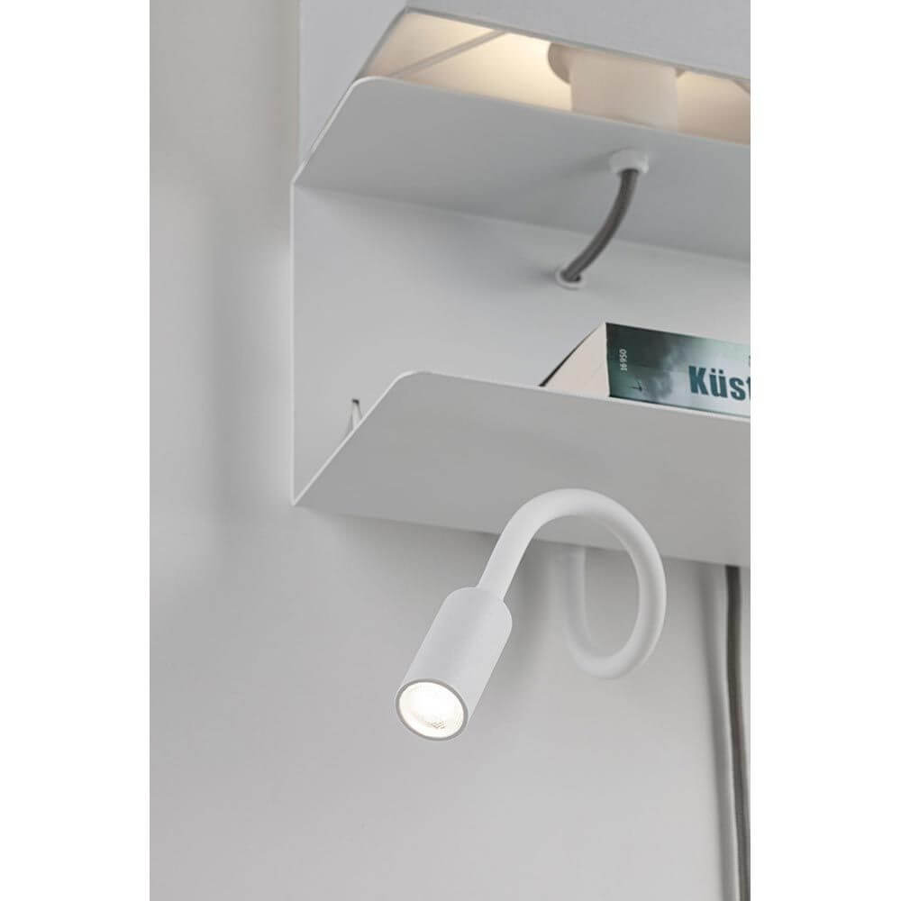 Merani Wandleuchte mit Ablage & LED Lesearm Grau, Weiß – weiße Wandlampe mit Regalablage und flexiblem LED-Lesearm, USB-Anschluss, Bett- oder Flurbeleuchtung