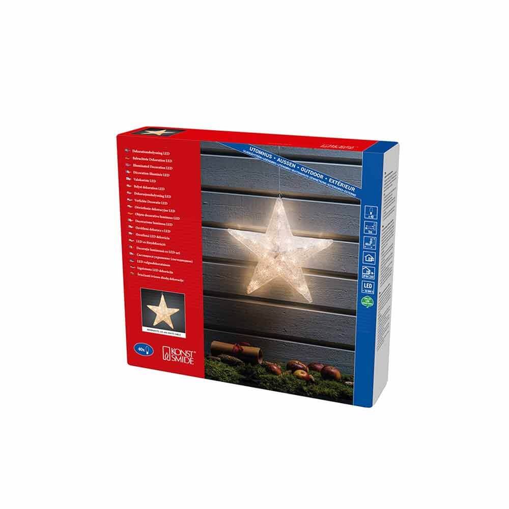 Weihnachtlicher LED Dekostern IP44 Weiß verpackt in einer dekorativen Box mit Hinweis auf Außeneinsatz.