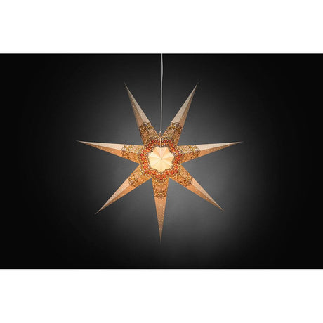 White paper star, perforated with a colorful printed pattern, 7 points, without light source, festive Christmas decoration.
