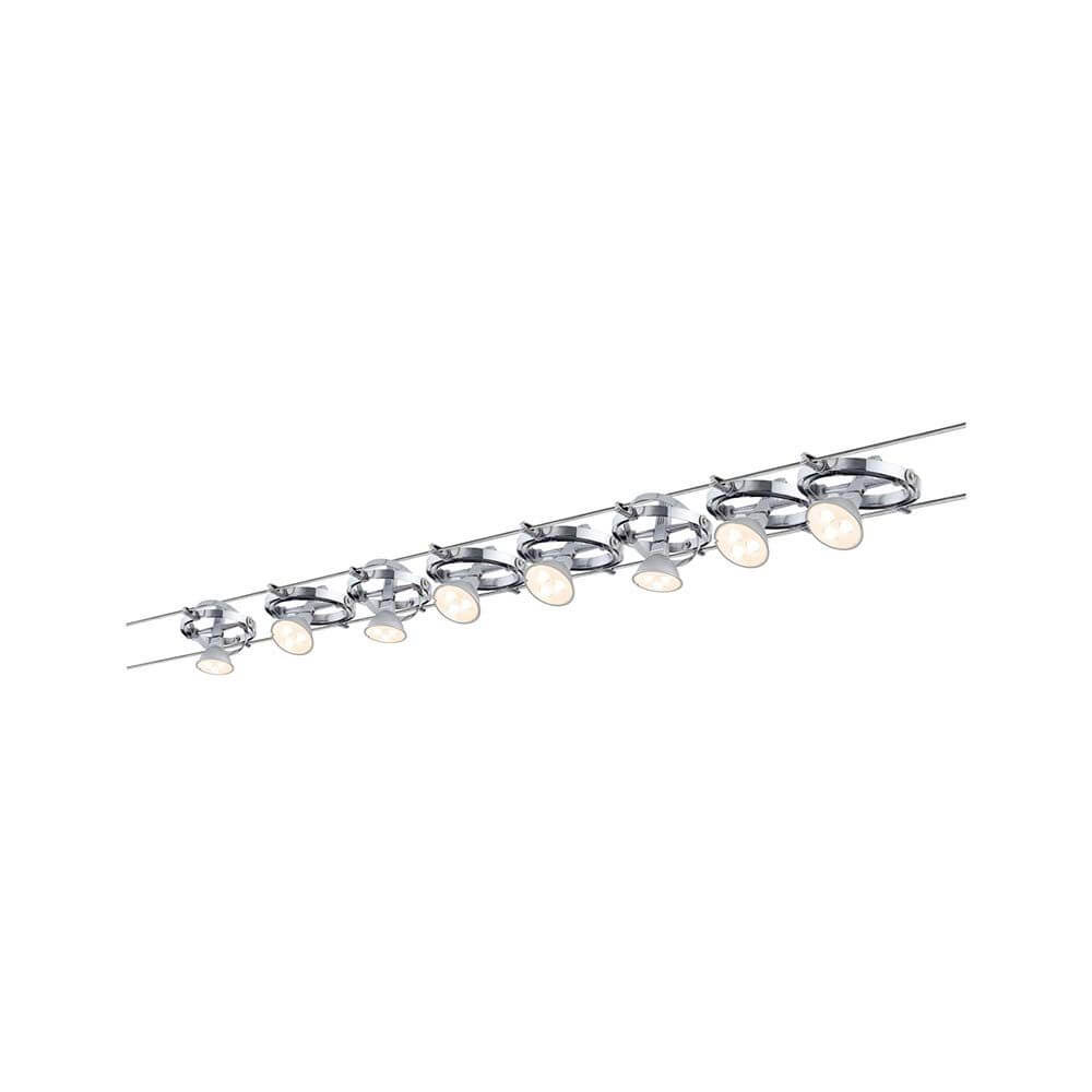 Wire System Cardan max 8x10W GU5,3 Chrom 12V 80VA mit 8 Spotköpfen auf einer Schiene.