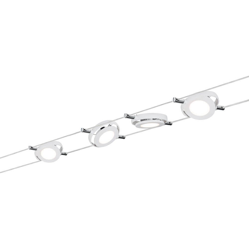 Wire Systems DC LED Set RoundMac 4x4W Weiß 12V DC 30VA, modernes LED Seilsystem mit 4 Lampen, ideal für Wand- und Deckenmontage.