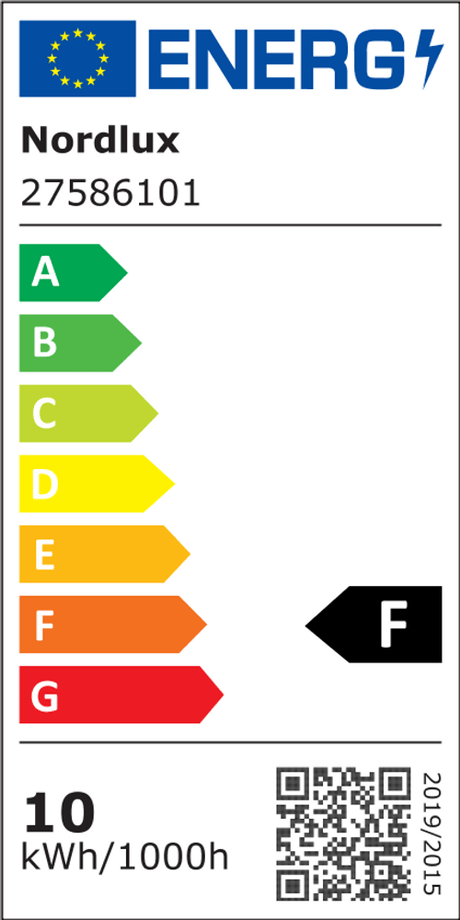 Energielabel voor Nordlux-product met energieklasse F en verbruik van 10 kWh/1000u.