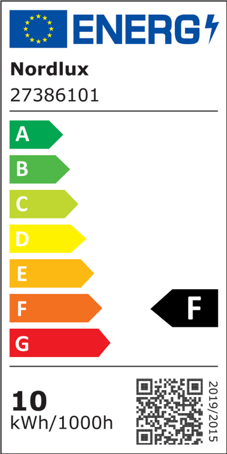 Dichiarazione sul consumo energetico per Nordlux 27386101, con classificazione F e consumo di 10 kWh ogni 1000h.