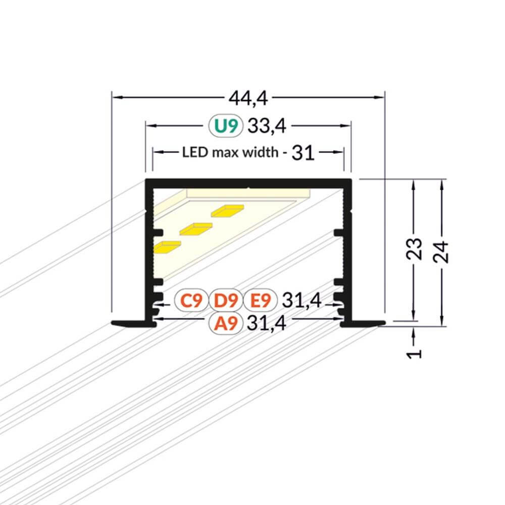 Maßschema für XXL Einbauprofil 200cm Alu-eloxiert ohne Abdeckung für LED-Strips mit LED max Breite.