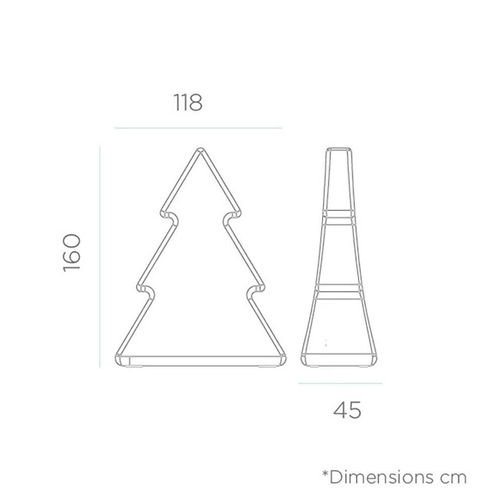 Maßzeichnung des XXL LED Baum Pinus 160cm Akku + Solar IP65, Höhe 160cm, Breite 118cm, Tiefe 45cm.