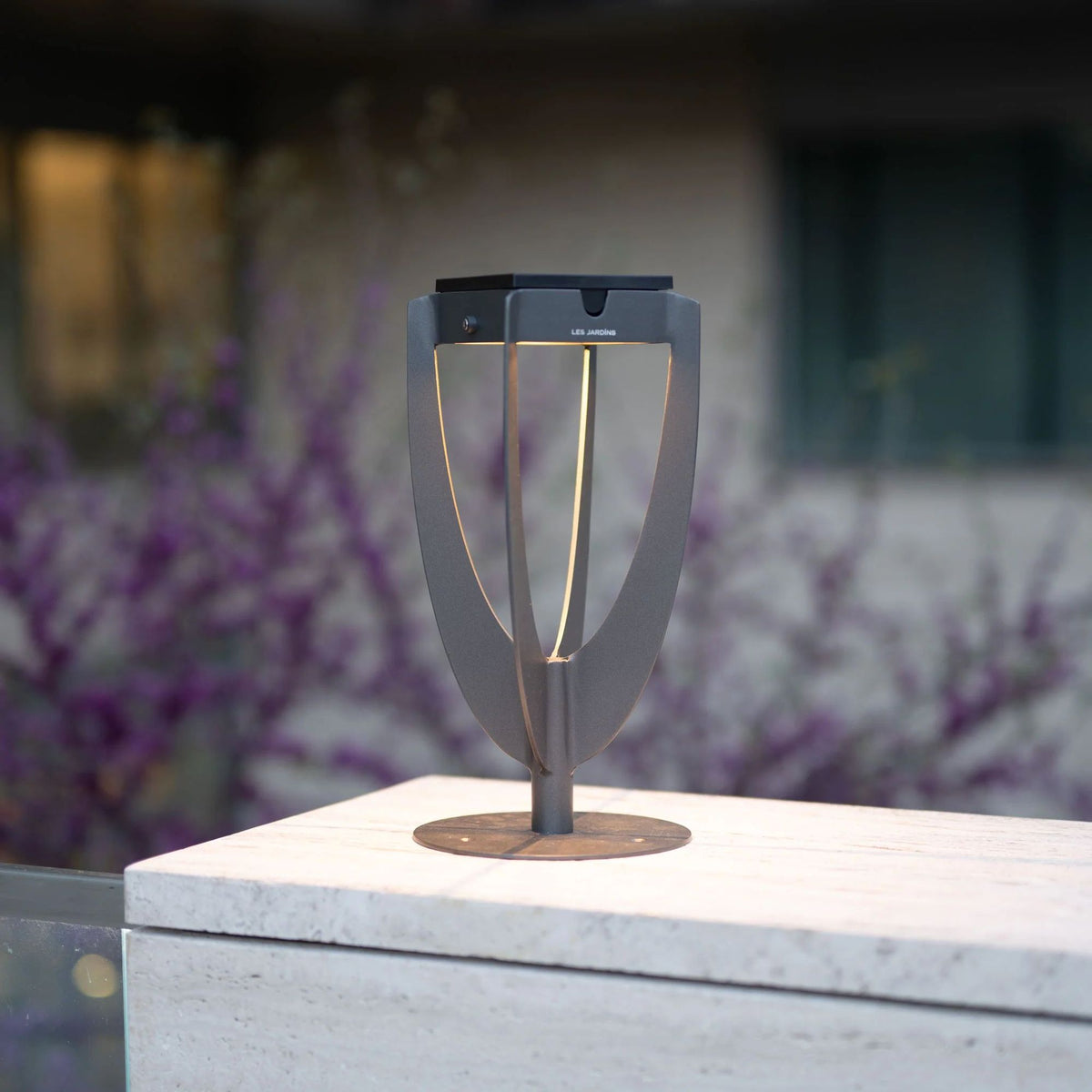 Solar path light Tulip, grey, height-adjustable, 47cm, modern tulip shape with LED lighting, garden view