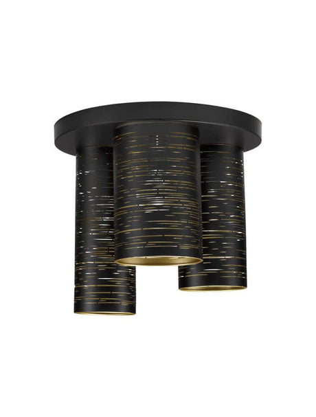 Plafonnier Zane noir, or avec trois abat-jours cylindriques en métal noir et or.