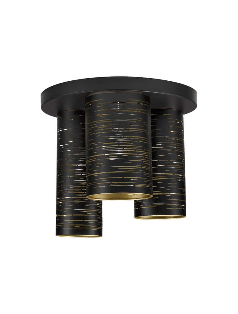 Zane Deckenleuchte Schwarz, Gold mit drei zylindrischen Schirmen aus Metall in Schwarz und Gold.