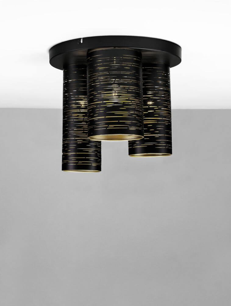 Zane Deckenleuchte Schwarz, Gold mit drei zylindrischen Schirmen aus Metall, edlem Goldton innen.