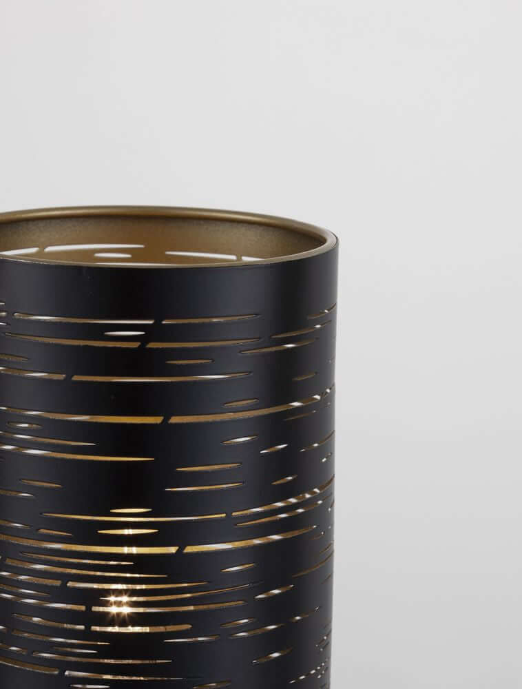 Zane Tischleuchte E14 Ø 10cm mit mattschwarz lackiertem Metall und Blattgold-Finish, stilvoll und modern.