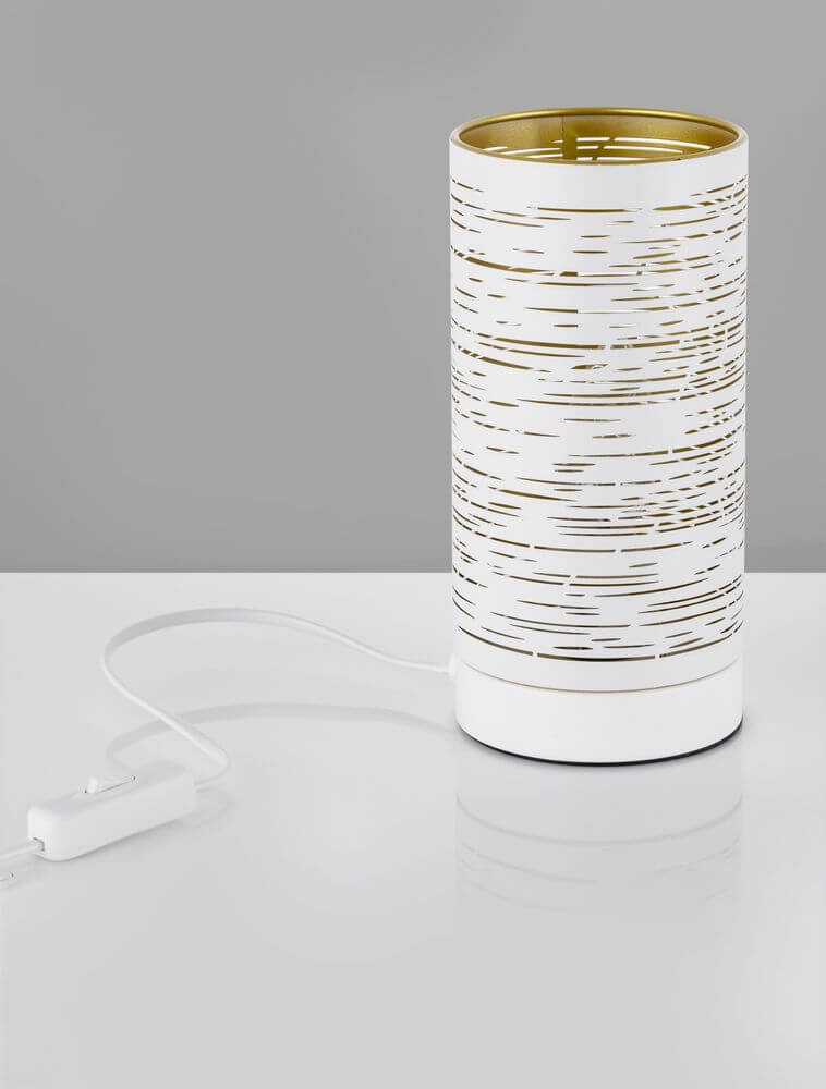 Zane Tischleuchte E14 Ø 10cm mit mattschwarz lackiertem Metall und Blattgold-Finish, moderne Tischlampe.
