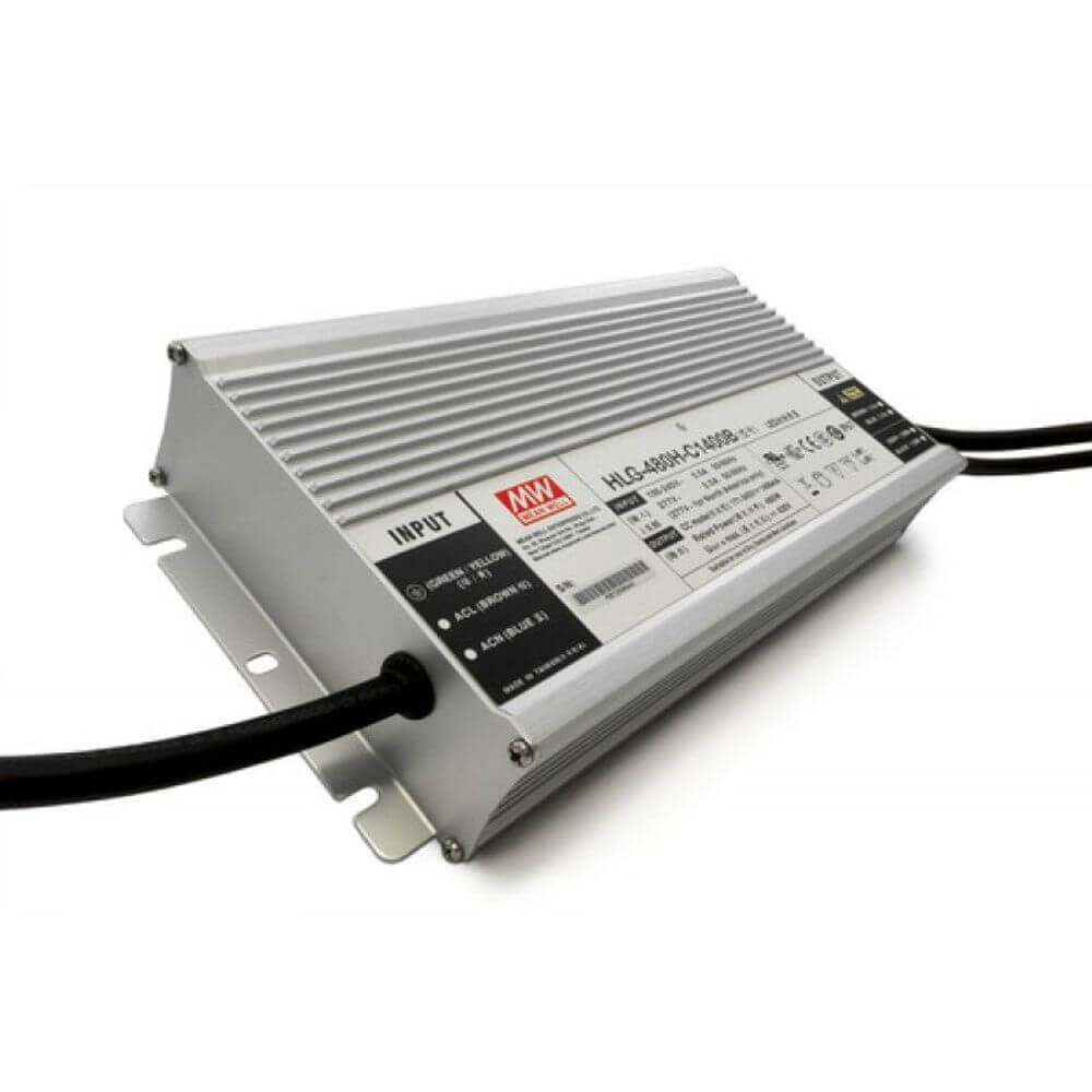 Meanwell ELG-Netzteil 24V IP65 für LED-Lichtbänder, geprägtes Metallgehäuse, kühlungsfrei.
