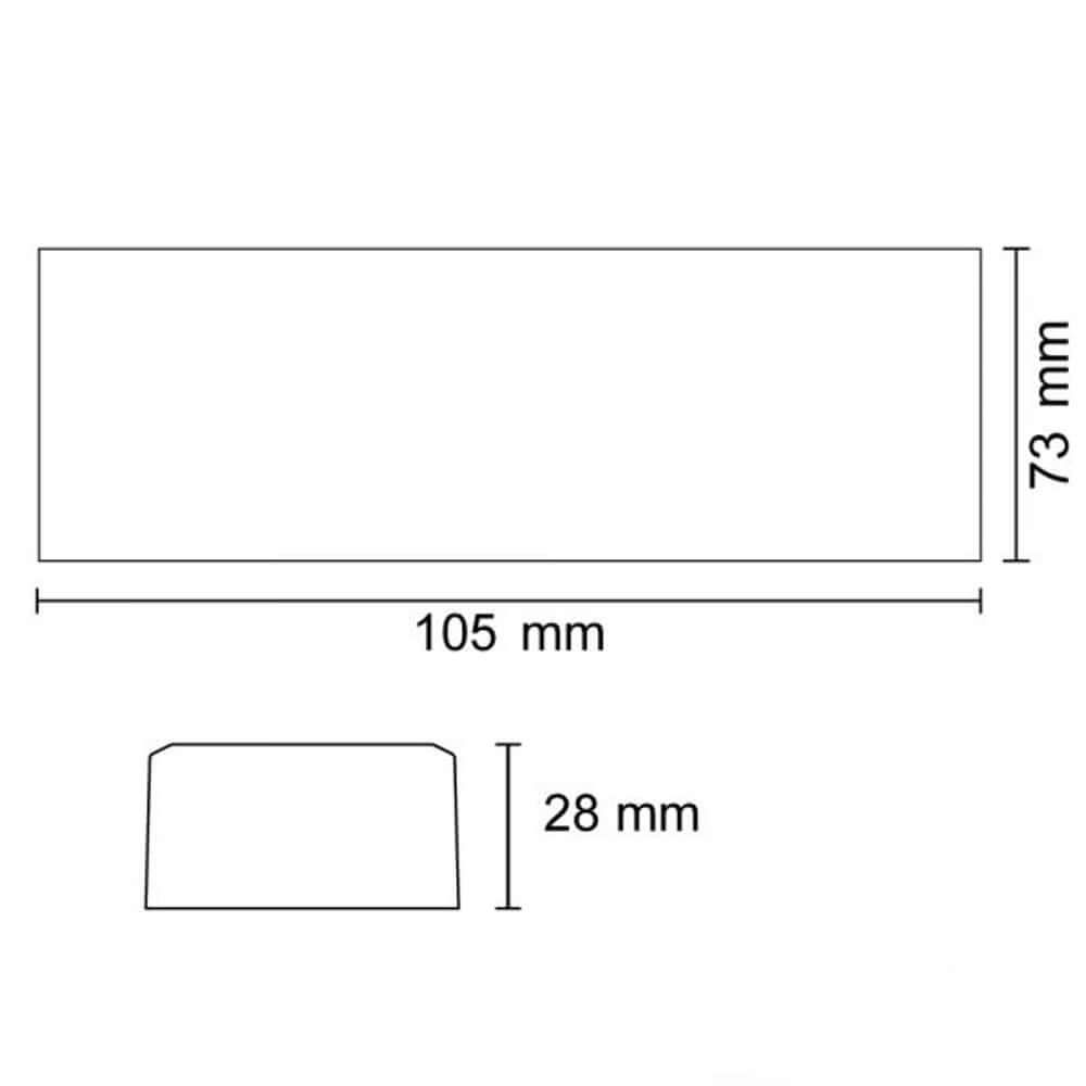 Maßzeichnung für ZigBee Mesh 4 Kanal Dimmaktor für LED Flexbänder und Spots 12-24V, 105x73mm, 28mm