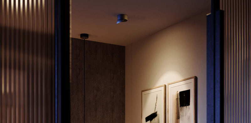 Modernes Interieur mit Kunstwerken, sanft beleuchteter Raum zwischen vertikalen Lamellen.