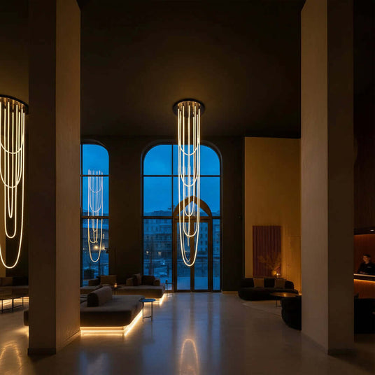 Moderne Lobby mit eleganter Beleuchtung und großen Fenstern, die eine stilvolle Atmosphäre schaffen.