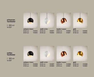 Hängelampen in verschiedenen Farben: schwarz, weiß, kupfer und gold, mit detaillierten Textinformationen.