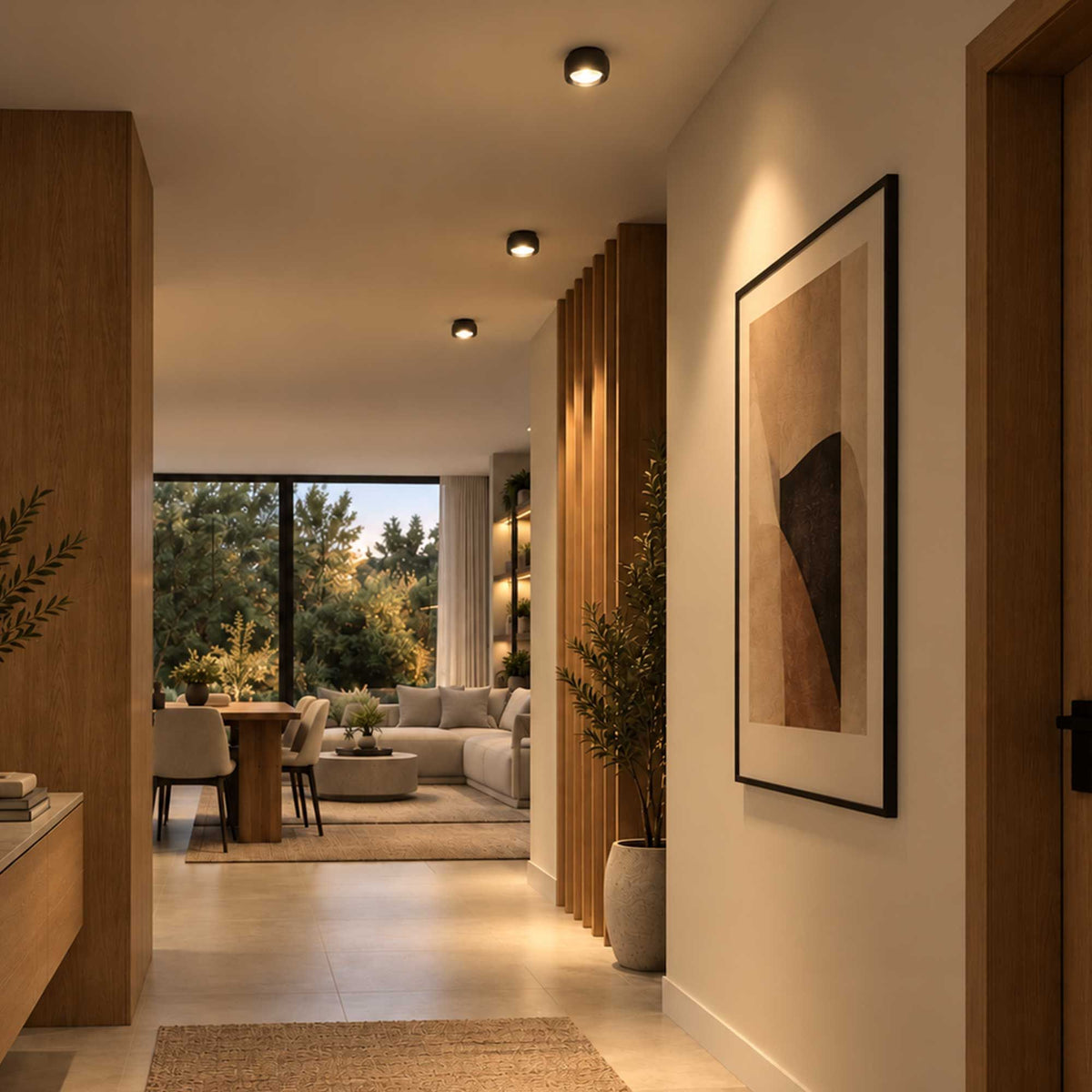 s.luce Beam LED Deckenleuchte mit Linse Aufbauspot Ø 8cm in modernem Flur mit warmem Licht