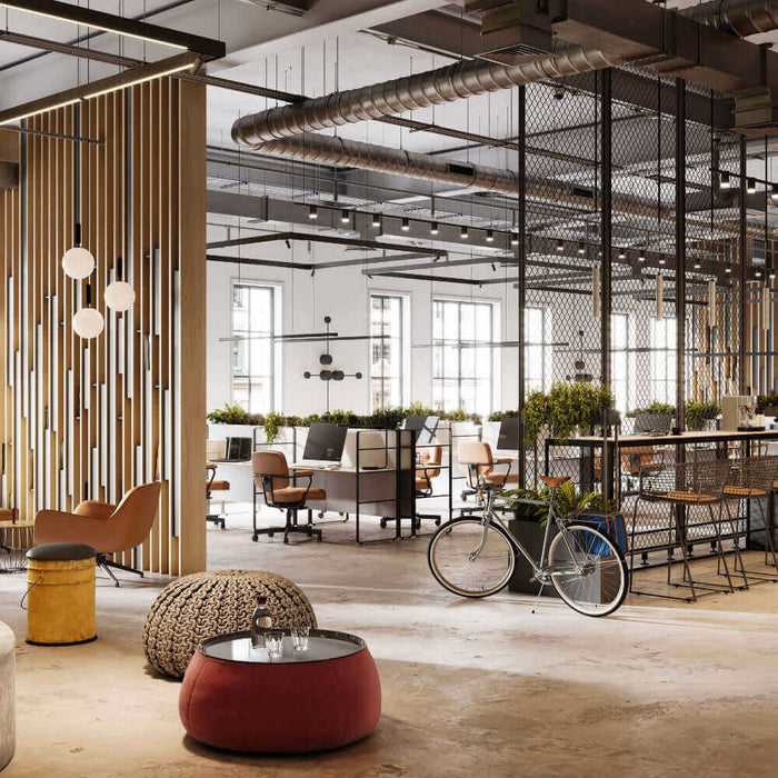 Modernes Bürodesign mit Holzlatten, Pflanzen und kreativen Sitzbereichen.