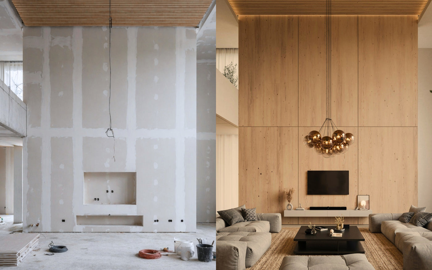Vorher-Nachher Ansicht eines modernen Wohnzimmers: Unfertige Wände links, stilvoll gestaltete Wand rechts mit Holzelementen.