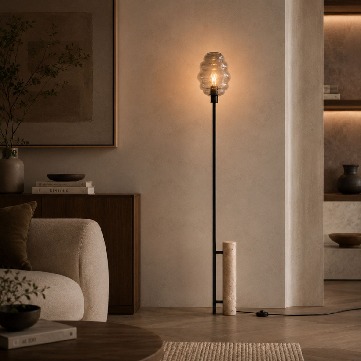 s.luce Echos Stehlampe Travertin-Stein 180cm Schwarz
