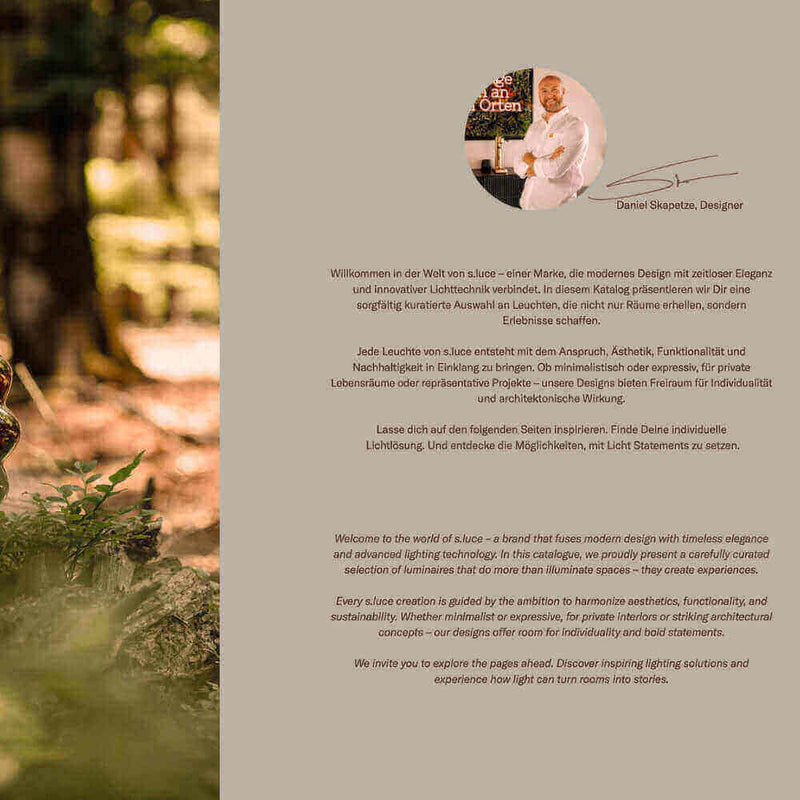 Daniel Skapeita, Designer, präsentiert seine Lichtgestaltung auf einer modernen Website in einer naturnahen Umgebung.