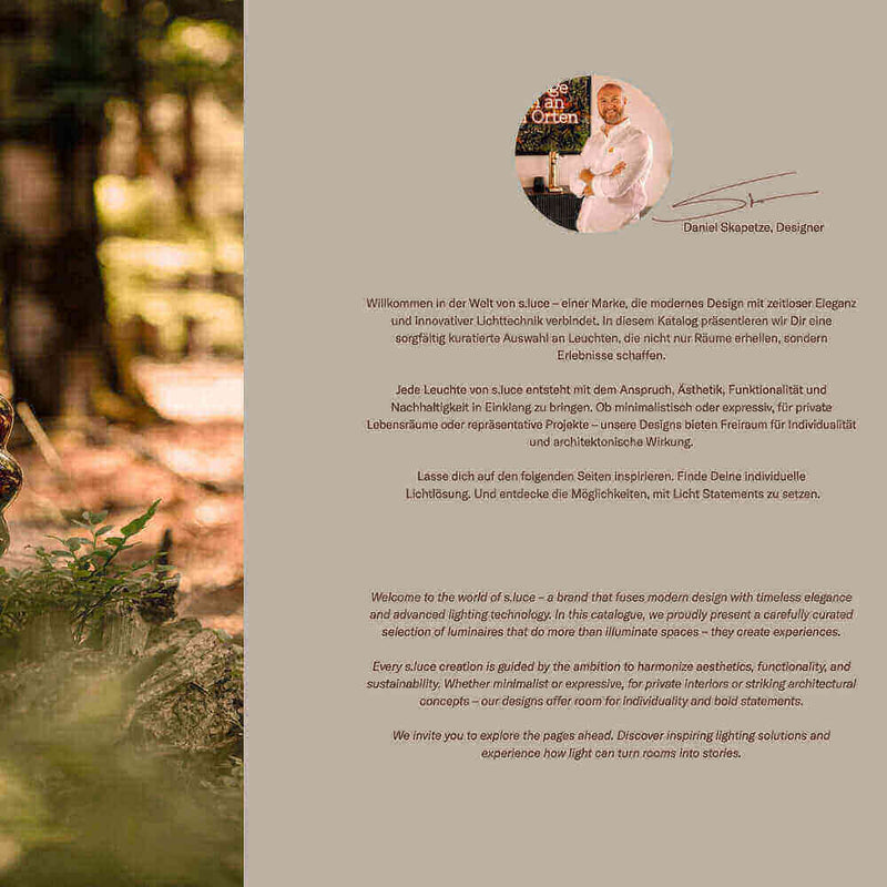 Daniel Skapeita, Designer, präsentiert seine Lichtgestaltung auf einer modernen Website in einer naturnahen Umgebung.