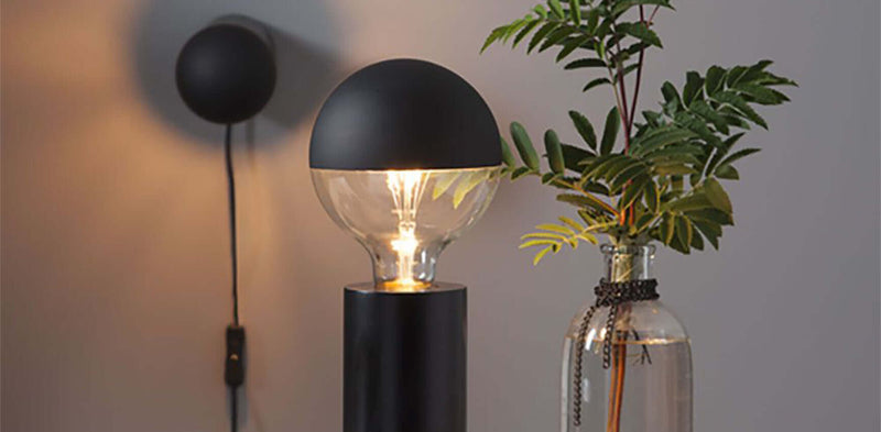 Moderne Lampe mit schwarzem Gehäuse und einer Glas-Glühbirne, neben einer Vase mit Pflanzen im Hintergrund.