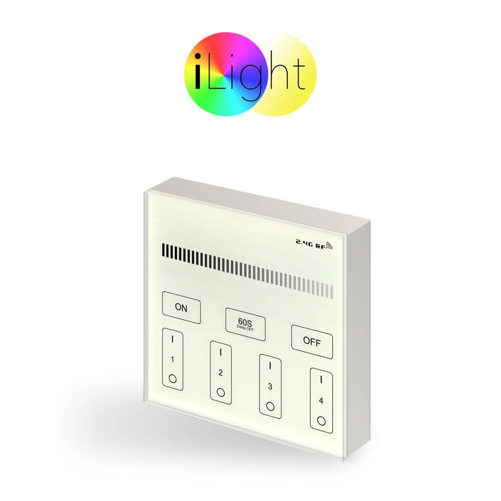 Funk Touchpanel zur Steuerung von Leuchten, mit Tasten für ON, OFF und Helligkeitsregelung.