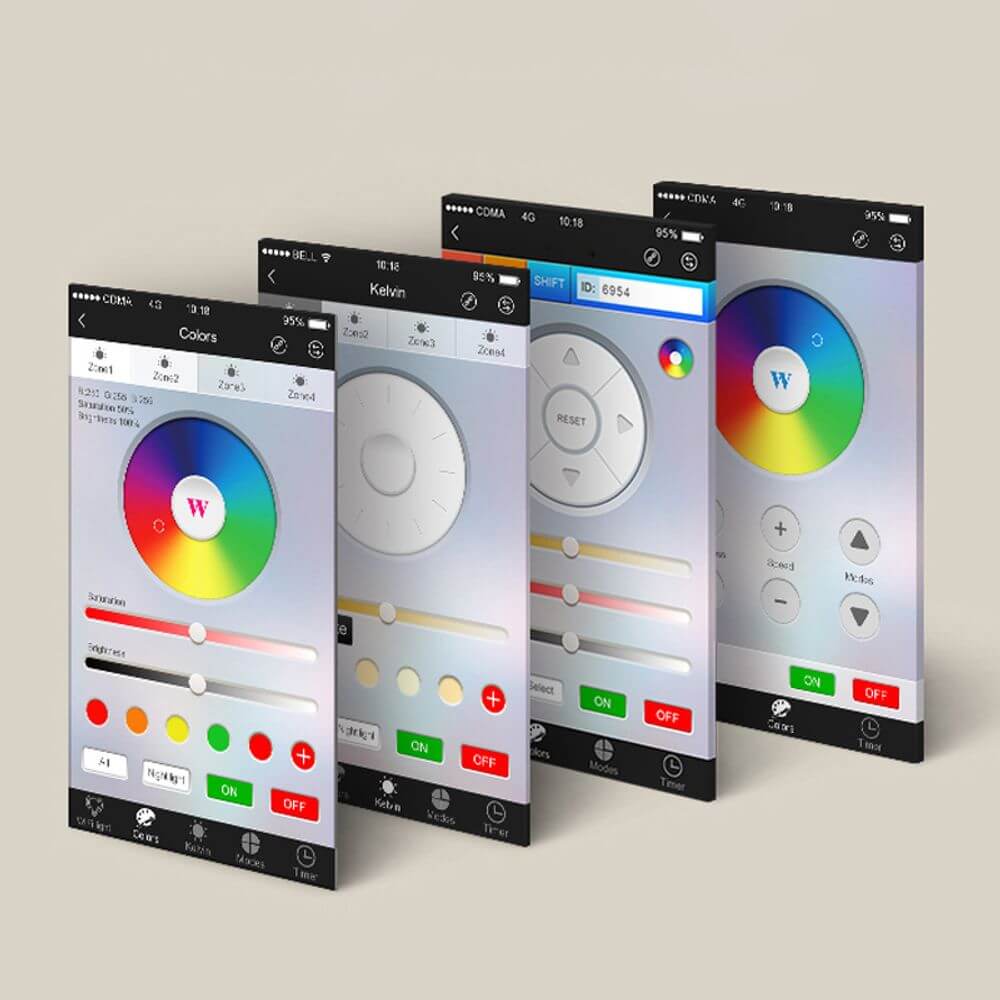 Screenshots der iLight WiFi-Controller App zur intelligenten Lichtsteuerung mit Smartphone und Tablet.