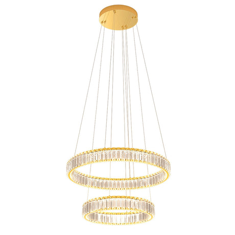 LED-Hängelampe Akala 2-flammig Dimmbar, goldfarben mit Kristallakzenten und zwei eleganten LED-Ringen