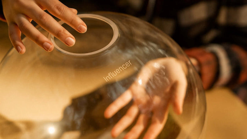 Nahaufnahme von Händen, die eine transparente Kuppel mit dem Wort 'Influencer' berühren.