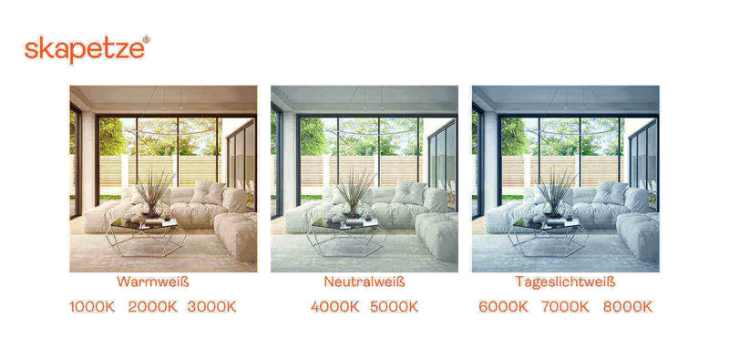Skapetze: Vergleich von Warmweiß, Neutralweiß und Tageslichtweiß in einem modernen Raum mit hellen Möbeln.