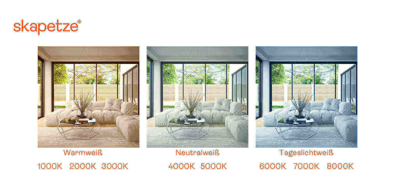 Skapetze: Vergleich von Warmweiß, Neutralweiß und Tageslichtweiß in einem modernen Raum mit hellen Möbeln.