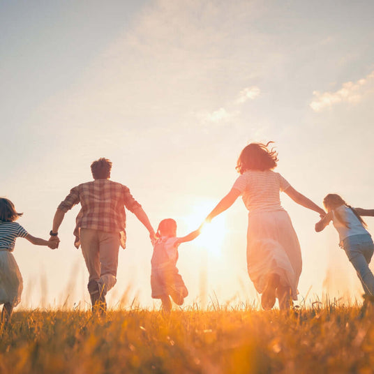Familie läuft fröhlich in die Sonne und hält dabei Händchen in einem weiten Feld.