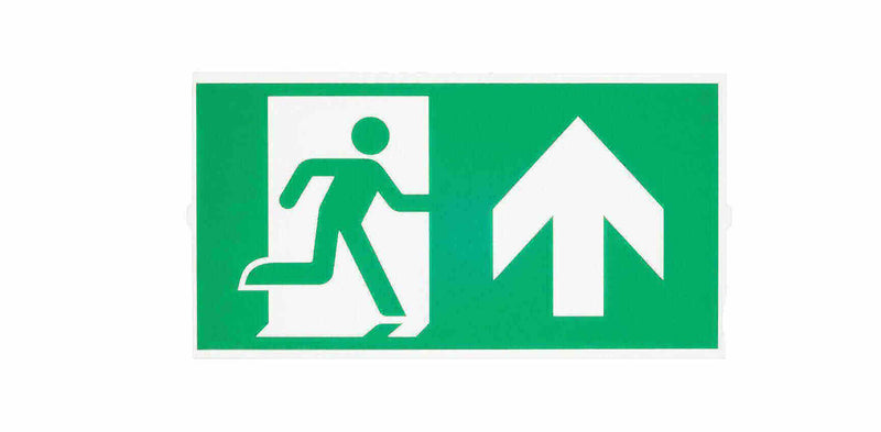 Grünes Fluchtsignal mit laufender Person und Pfeil nach oben, zeigt den Notausgang an.