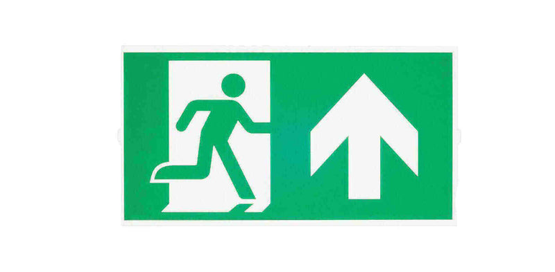 Grünes Fluchtsignal mit laufender Person und Pfeil nach oben, zeigt den Notausgang an.