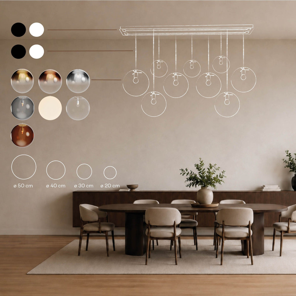 s.luce Orb Esstischleuchte 3-flammig 160cm Ø 3x40 für modernen Essbereich mit flexiblen Glasfarben