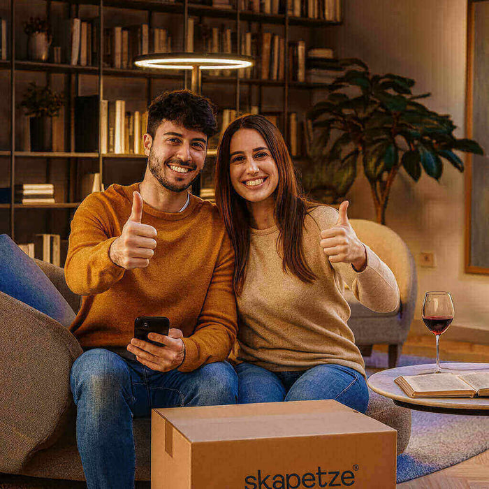 Junge glückliche Paare zeigen Daumen hoch, sitzen auf Sofa mit Wein und Karton in modernem Wohnzimmer.