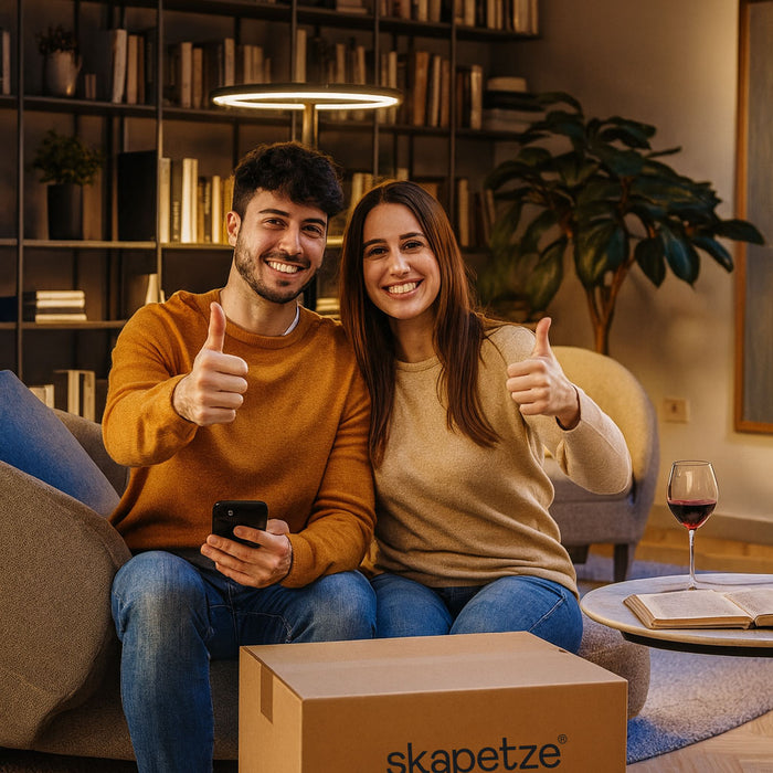 Junge glückliche Paare zeigen Daumen hoch, sitzen auf Sofa mit Wein und Karton in modernem Wohnzimmer.