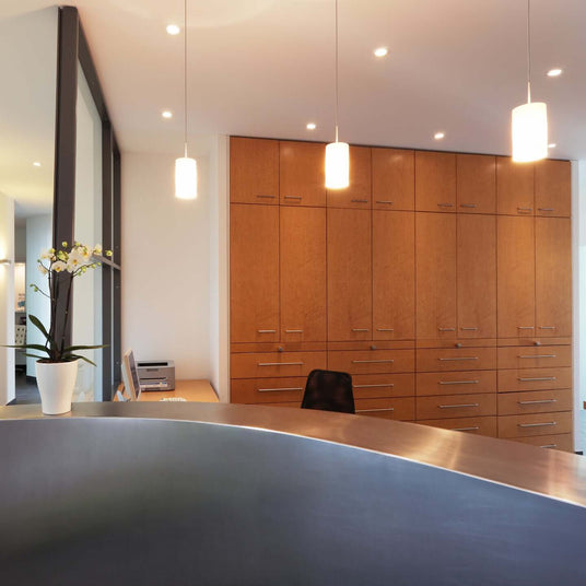 Moderne Empfangstheke mit Holzregalen und Pflanzen, helle Beleuchtung im Büro.